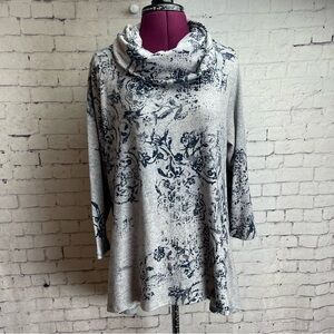 One world size large gray and blue floral cowl neck tunic